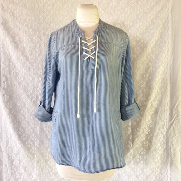 Striped Lace Up Tunic Top - Picture 1 of 8